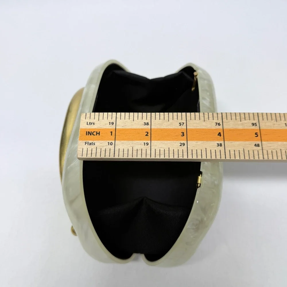 Unbranded Pearl White Marbled Acrylic Clutch Gold Sculptural Handle Minaudiere